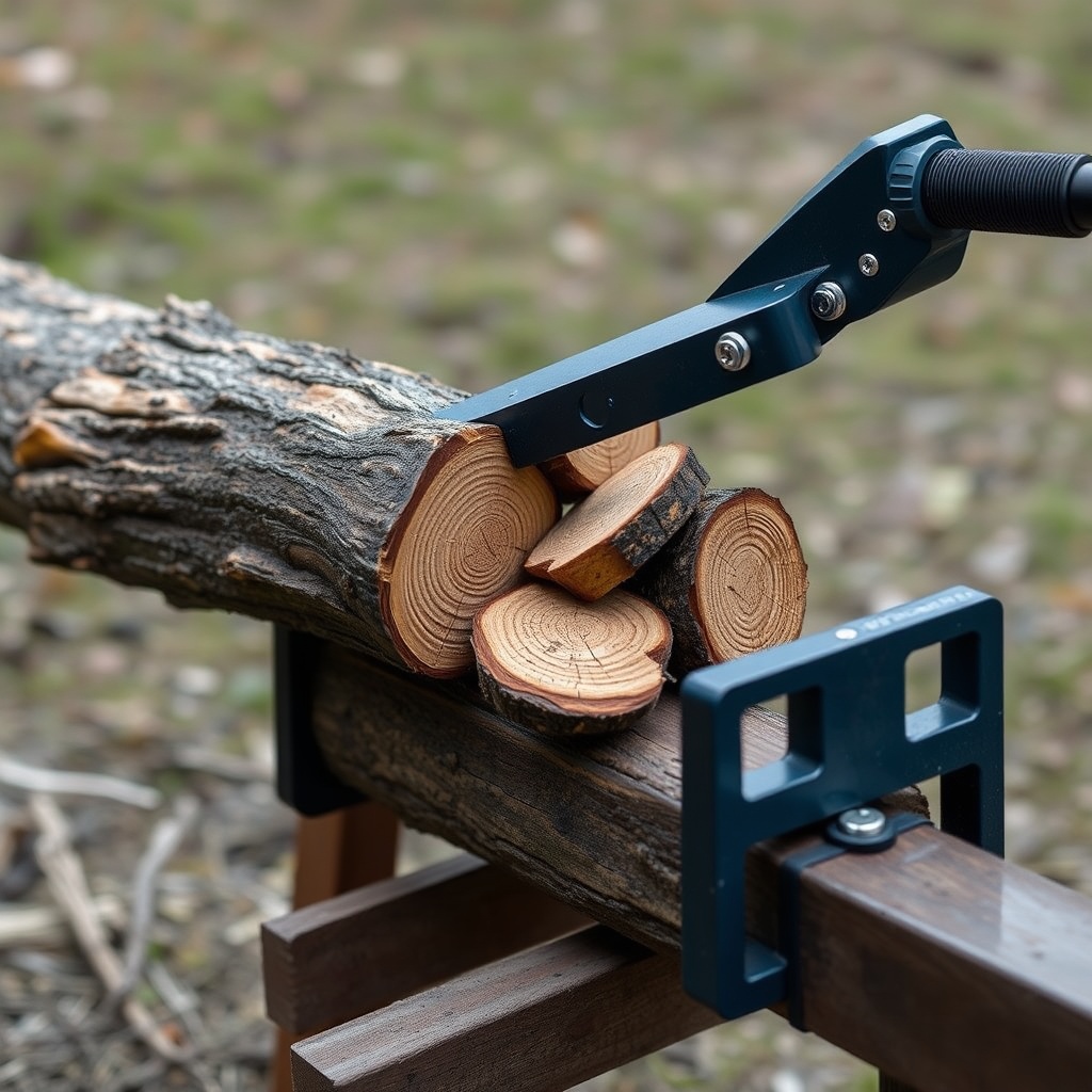 A clean photorealistic photo of a WoodSplitPro's 4-way wedge splitting a knotted oak log