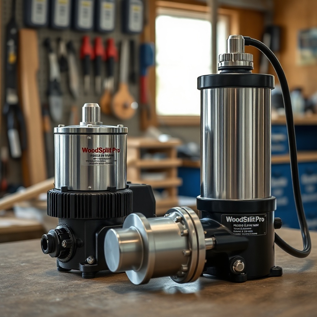 A photorealistic close-up of a WoodSplitPro hydraulic pump and cylinder assembly