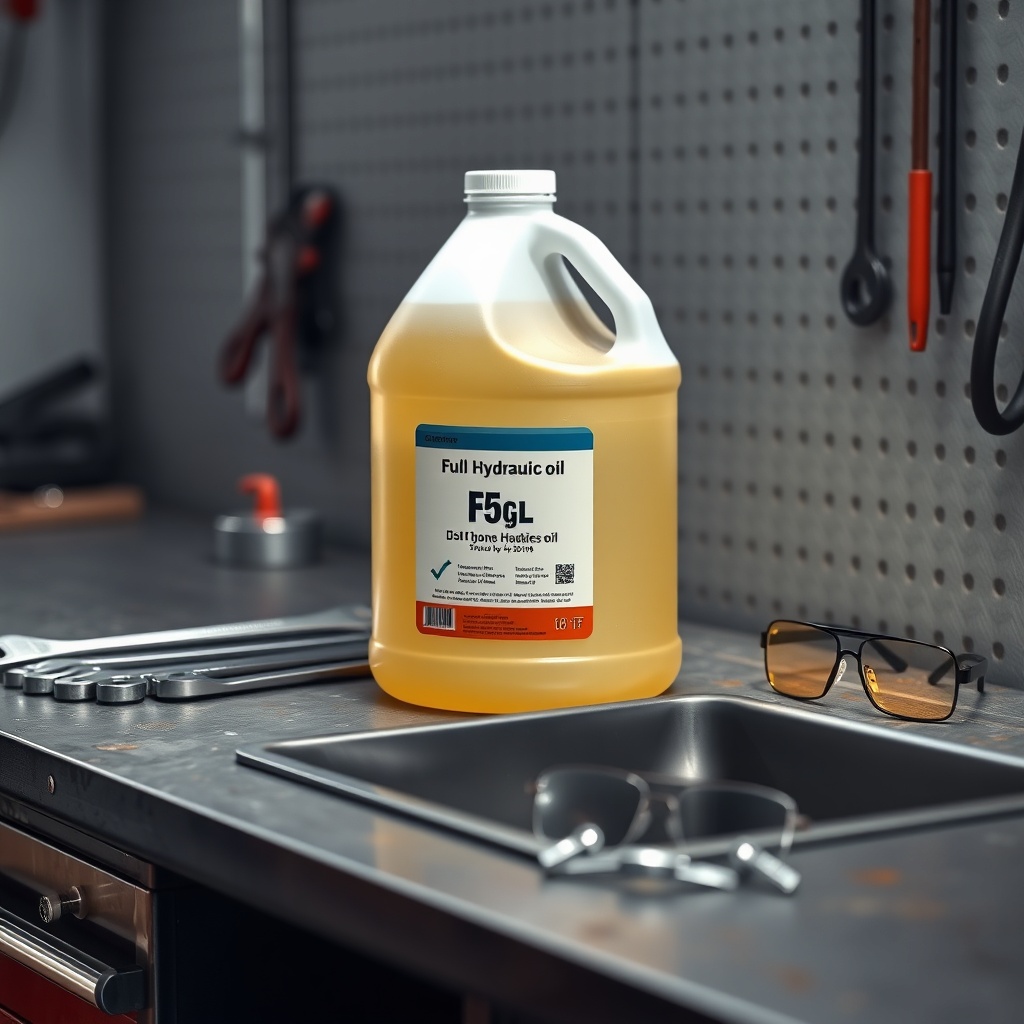 A clean photorealistic photo of a workbench with a full 5-gallon jug of hydraulic oil