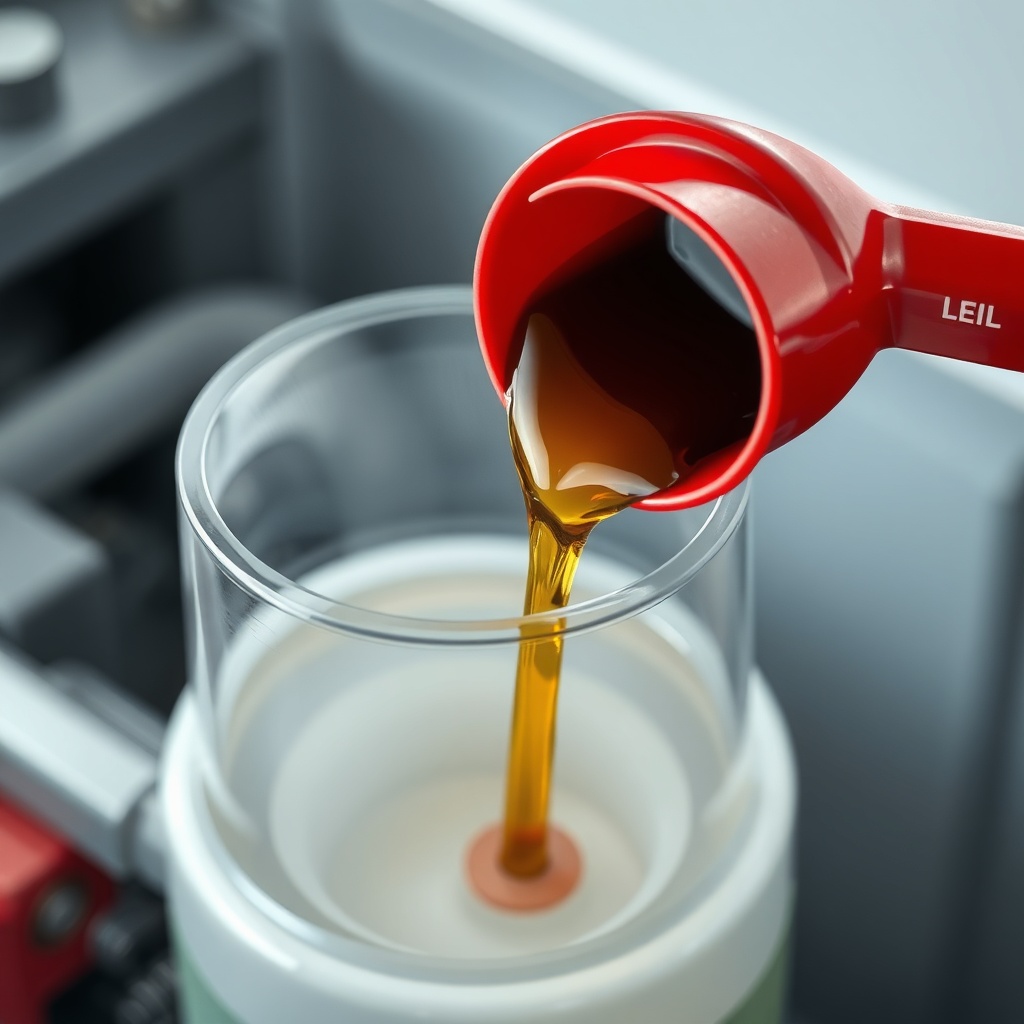 A clean photorealistic photo showing a clear sight glass on a hydraulic reservoir with flu