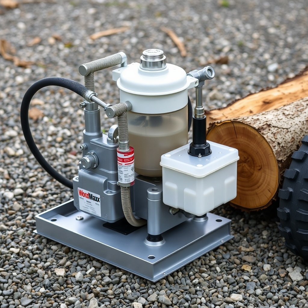 A photorealistic photo of the WoodMaxx WM-8T’s hydraulic pump and cylinder assembly