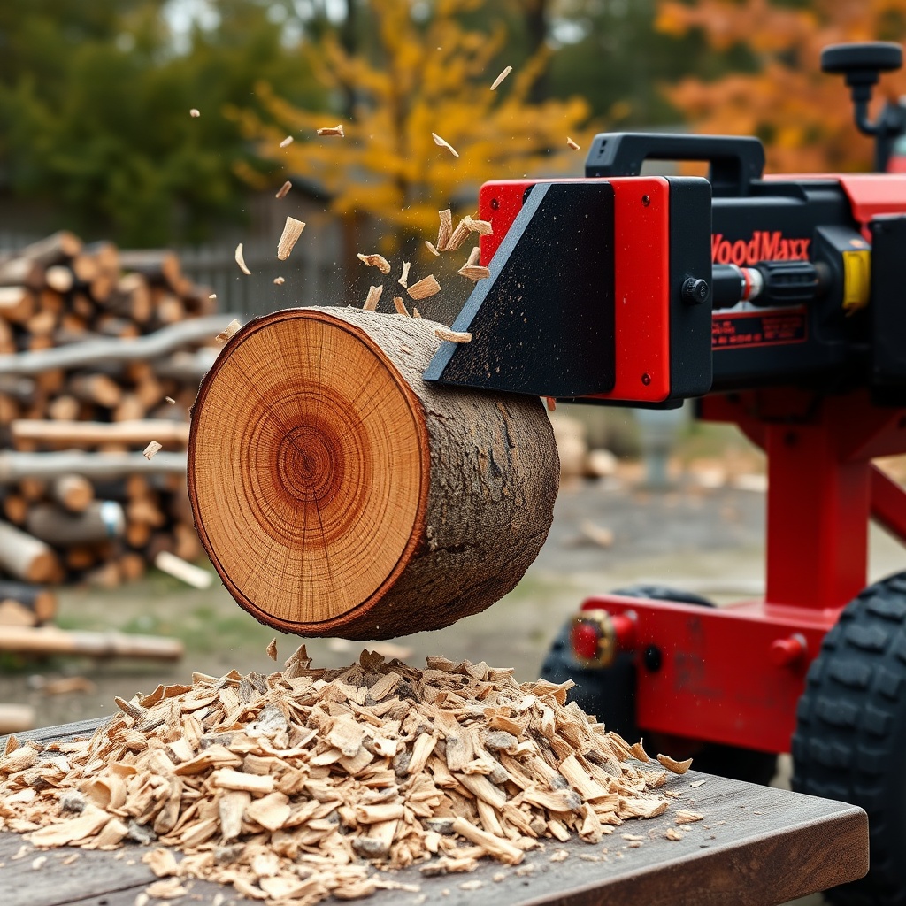 A photorealistic photo of a WoodMaxx WM-8T splitting a large round of oak in a backyard se