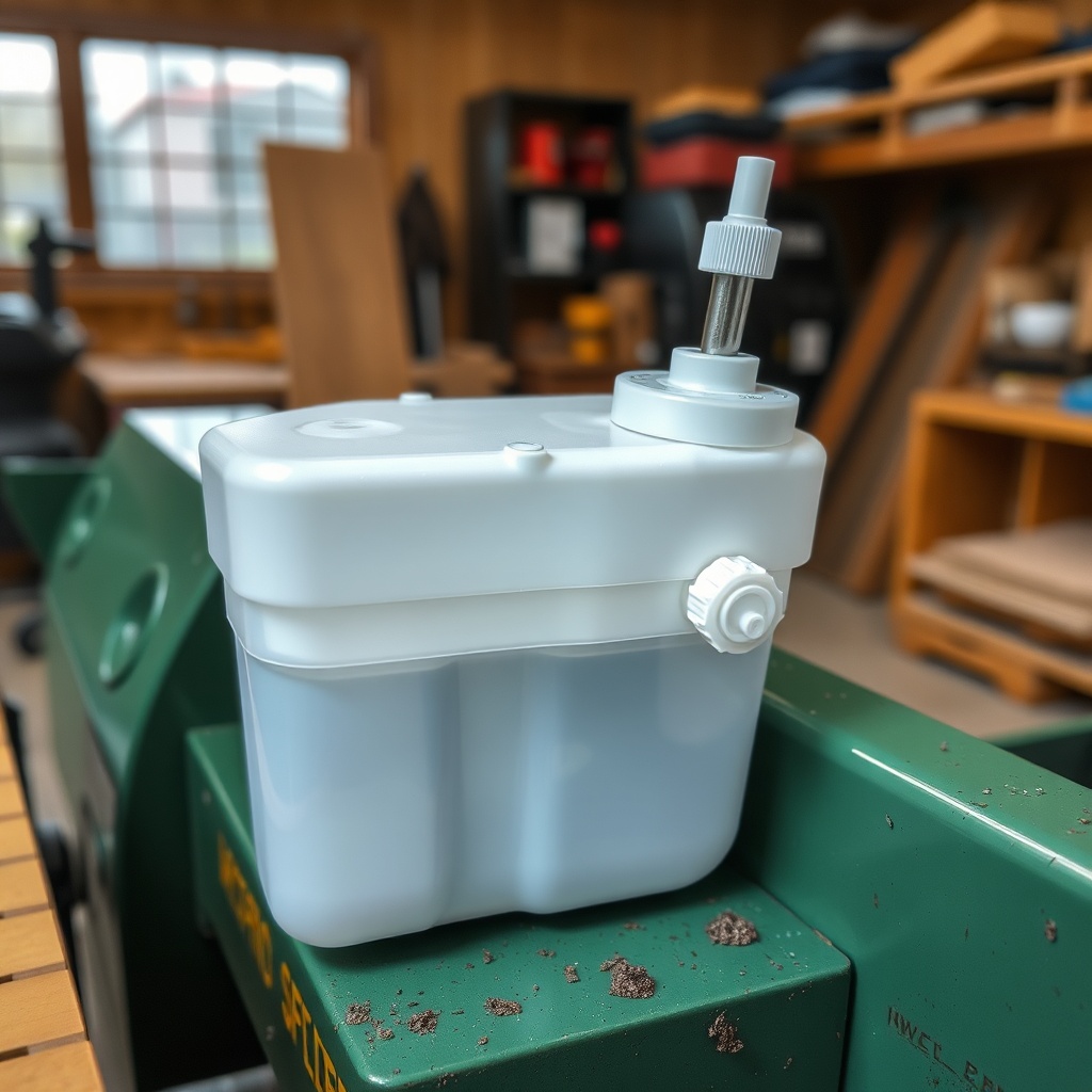 A clean photorealistic photo of a WoodSplitPro machine's hydraulic reservoir with dipstick
