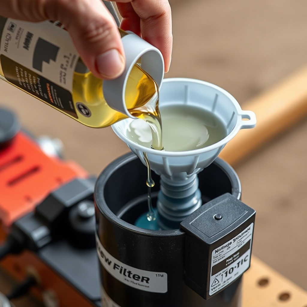A clean photorealistic photo showing a hand pouring fresh hydraulic fluid into a WoodSplit