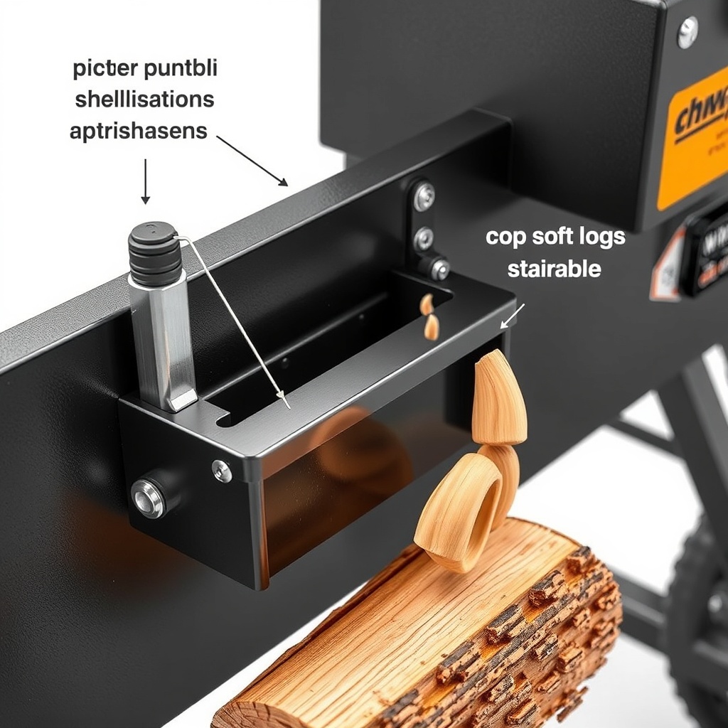 A photorealistic photo of a WoodSplitPro processor showing the dual-handle safety levers a