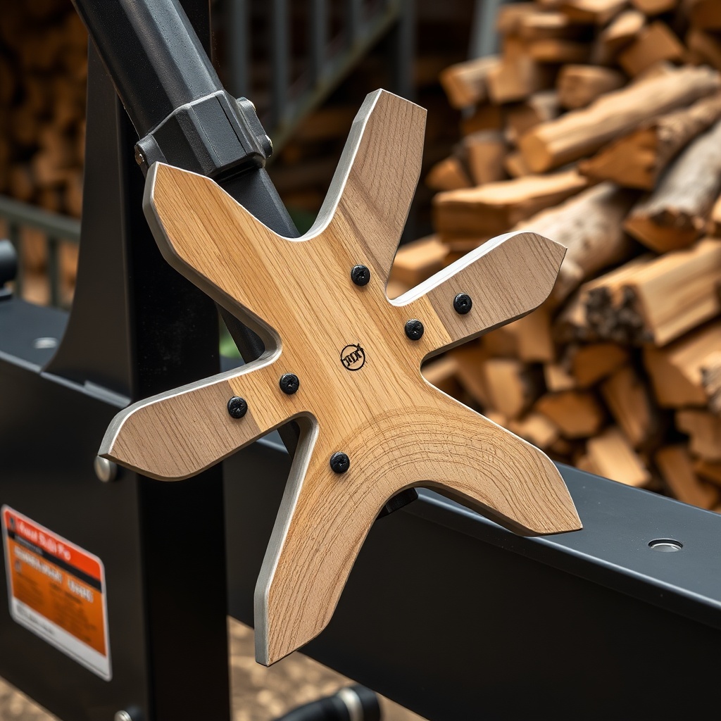 A photorealistic close-up of a heavy-duty 6-way wedge mounted on a WoodSplitPro processor