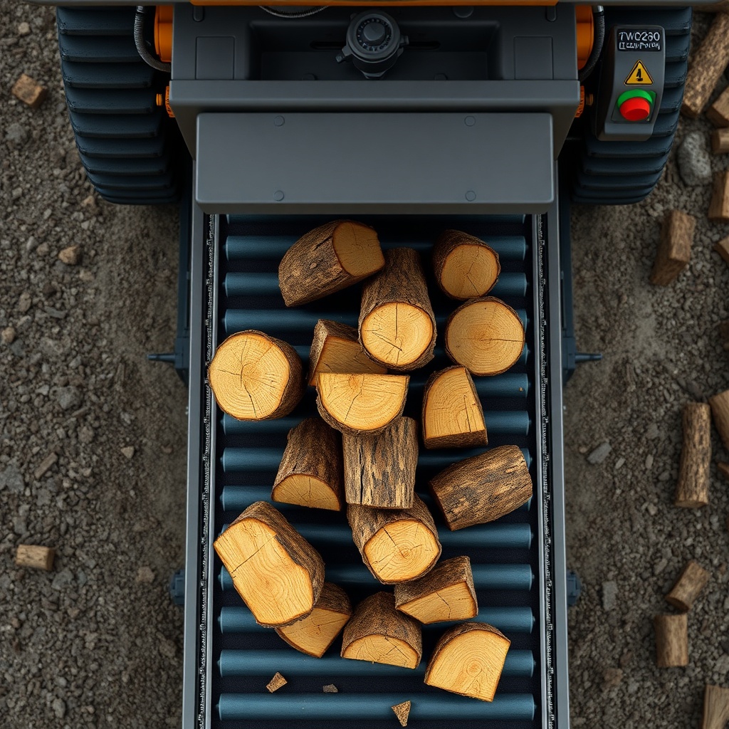 A photorealistic overhead view of a WoodSplitPro processor with a conveyor extension and a