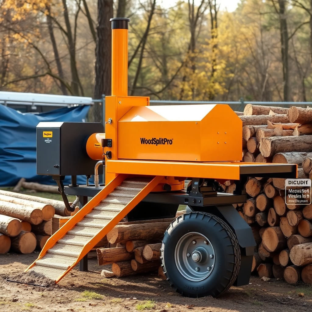 A clean photorealistic photo showing a WoodSplitPro 35-ton firewood processor in an outdoo