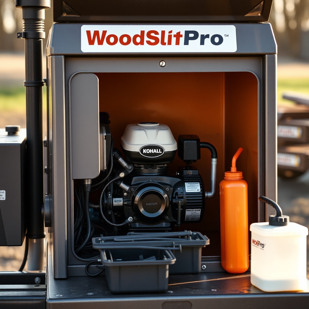A clean photorealistic photo of a WoodSplitPro machine with its engine compartment open