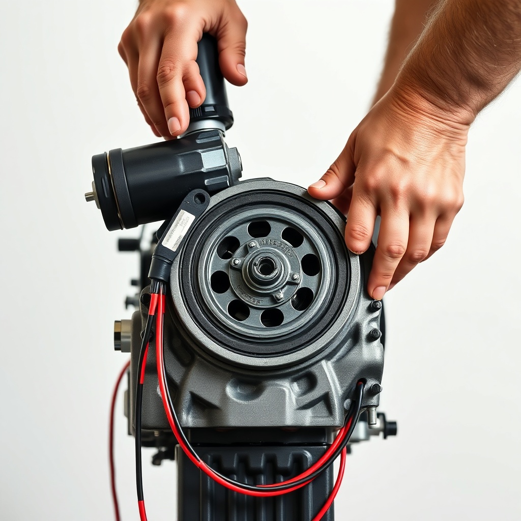 A clean photorealistic photo showing a mechanic's hands attaching a starter motor to a Woo