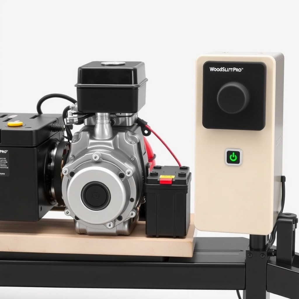 A clean photorealistic photo of a WoodSplitPro unit with an electric start retrofit kit in