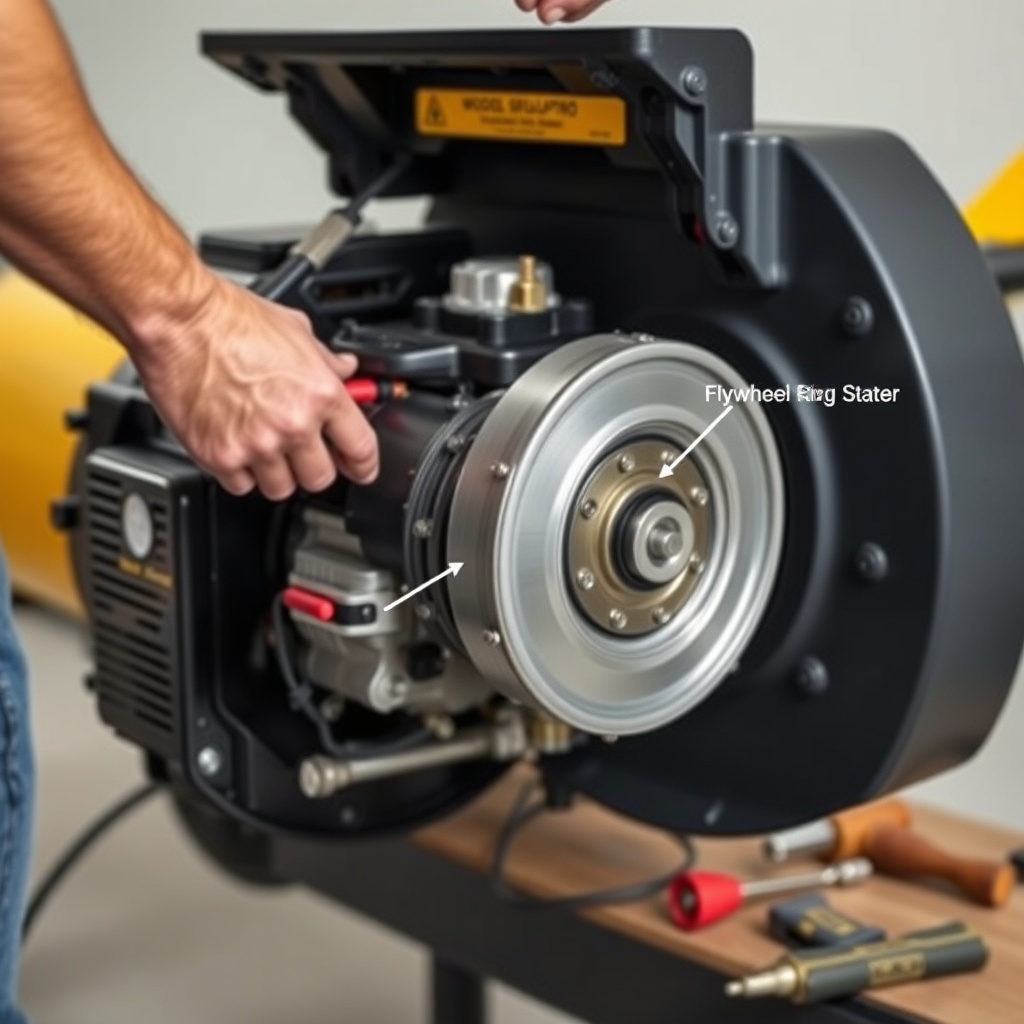 A clean photorealistic photo of a person installing the electric start motor on a WoodSpli