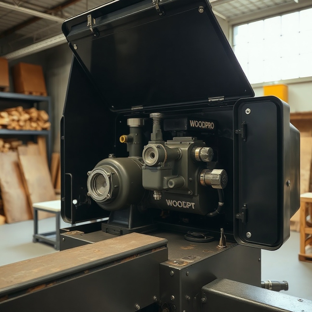<A clean photorealistic photo of a WoodSplitPro 25-ton firewood processor with its engine