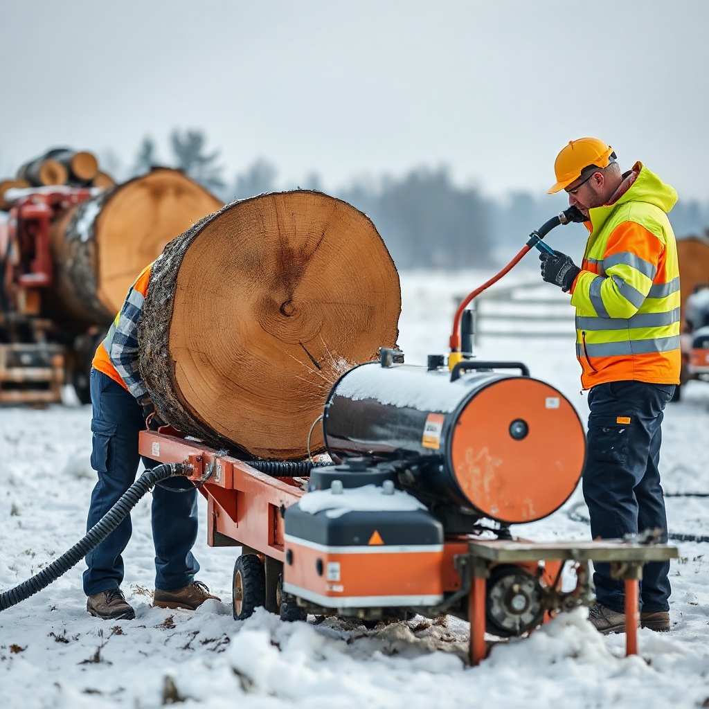 <A clean photorealistic photo of a WoodSplitPro processor splitting a large oak log in a s
