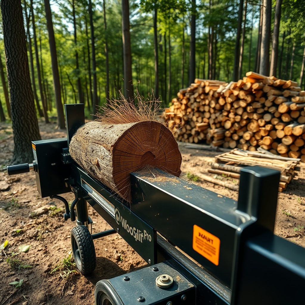 <photorealistic wide-angle shot of a WoodSplitPro machine operating in a forest clearing