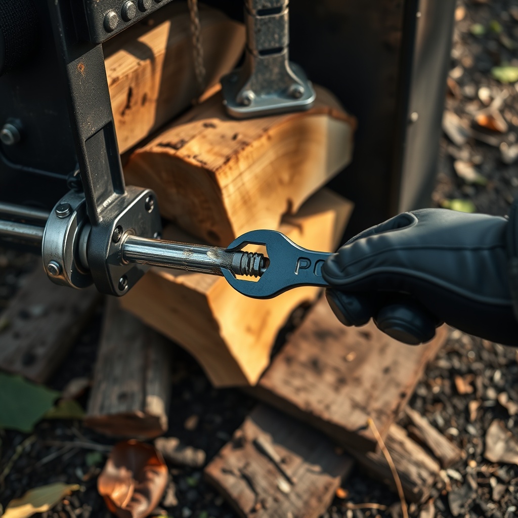 <photorealistic close-up of the hydraulic cylinder on a WoodSplitPro with oil residue visi