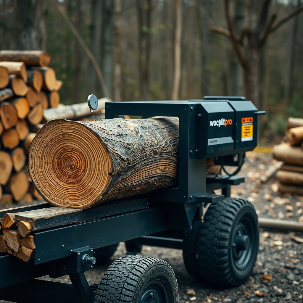 <clean photorealistic photo of a WoodSplitPro machine splitting a large oak log