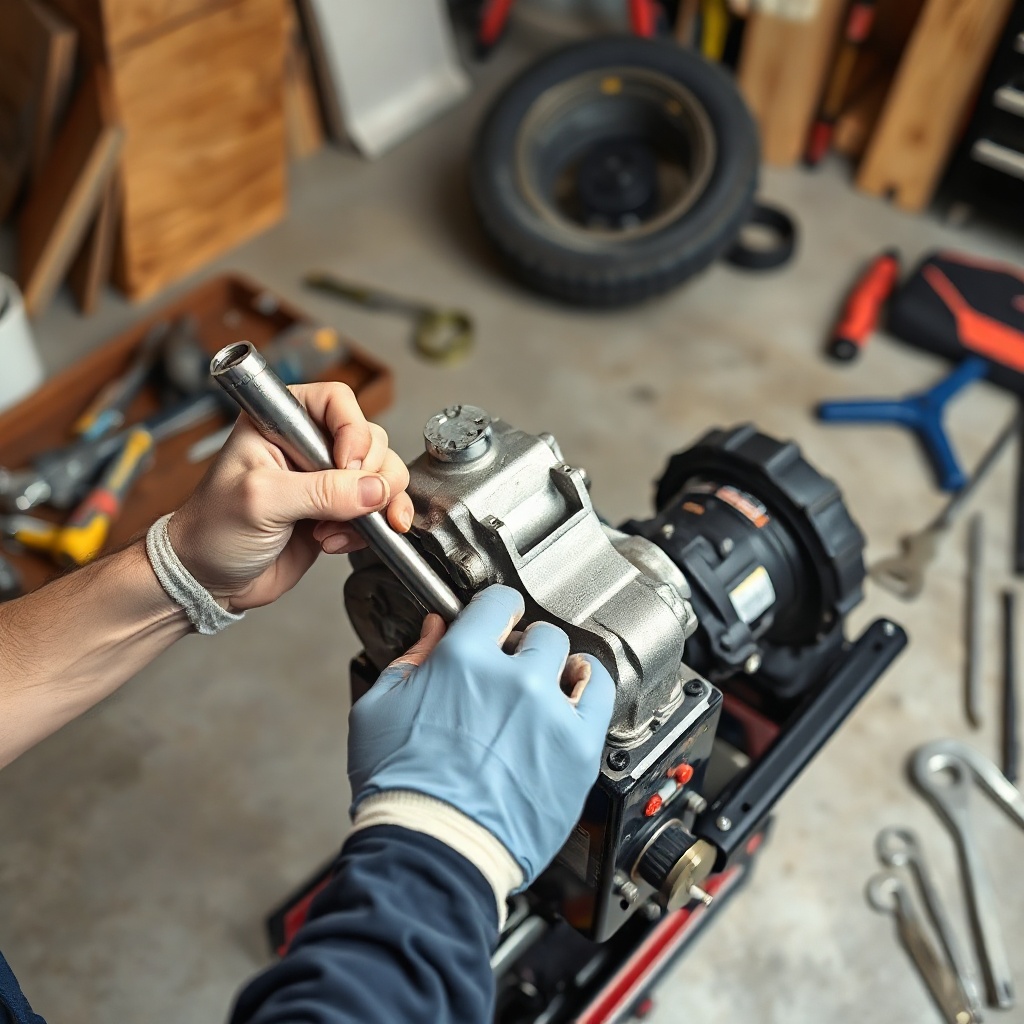 A clean photorealistic medium shot showing a mechanic's hands holding a torque wrench next