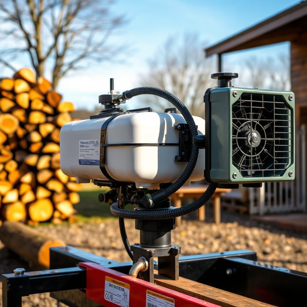 A clean photorealistic wide shot of a WoodSplitPro WP-5000 machine in a backyard setting w