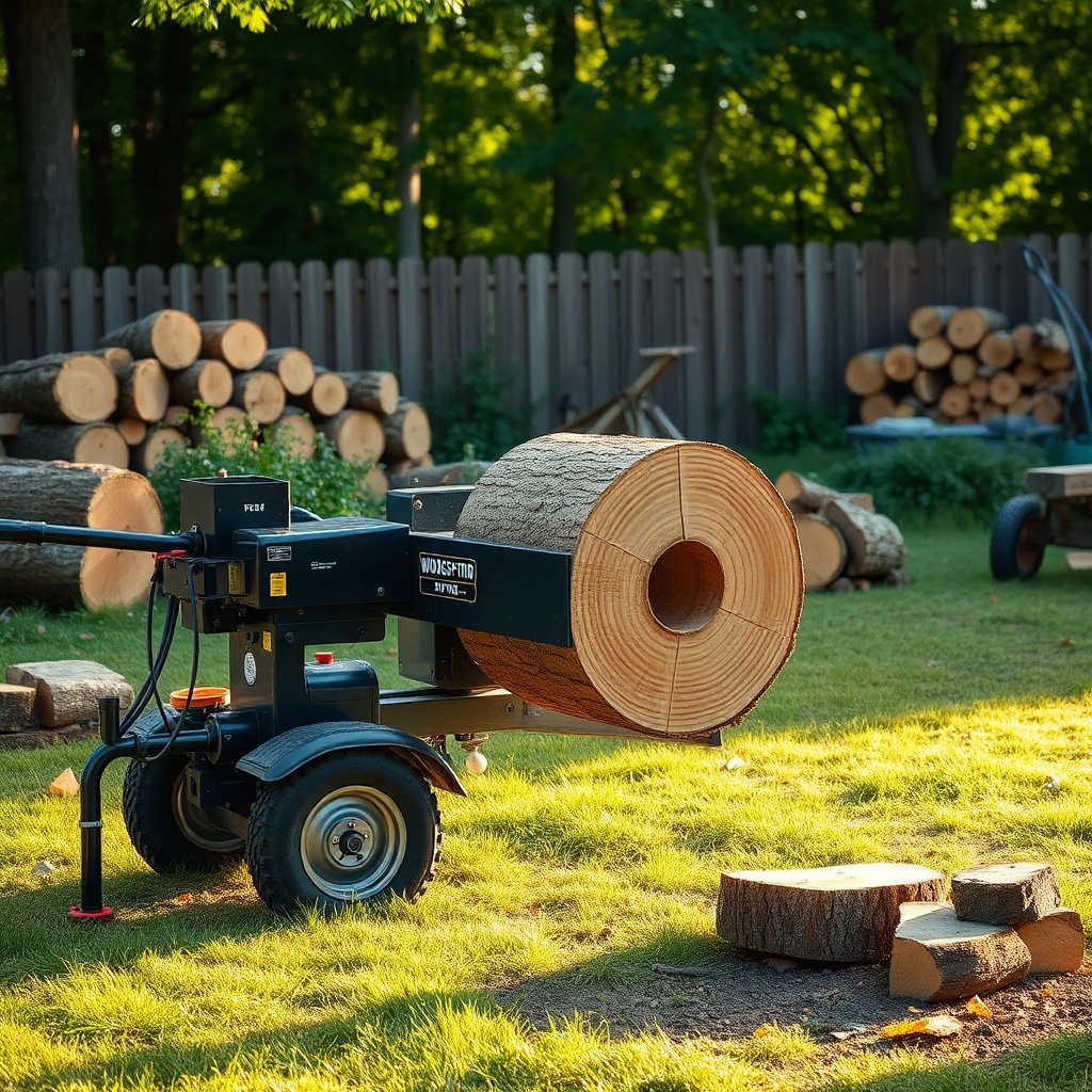 A clean photorealistic photo of a WoodSplitPro 10-ton hydraulic splitter splitting a large