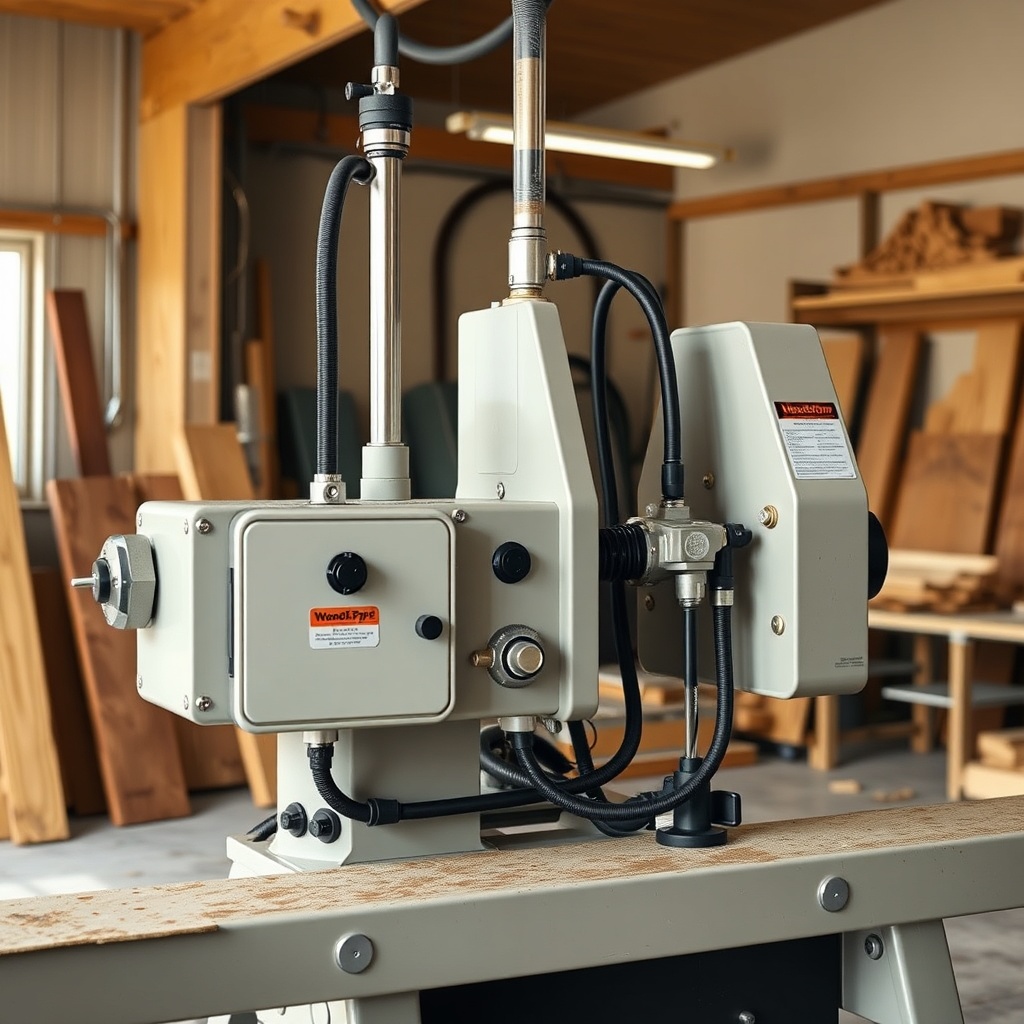 A clean photorealistic photo of a WoodSplitPro 12-ton hydraulic splitter in a workshop
