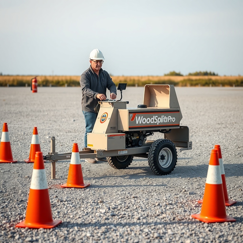 A clean photorealistic photo of a WoodSplitPro positioned on a gravel lot with safety cone