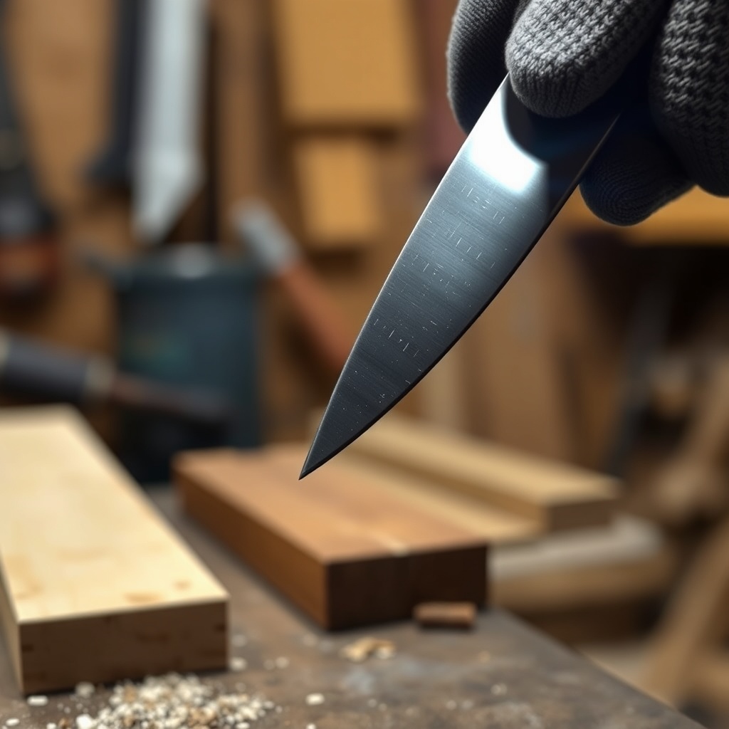 A clean photorealistic macro shot of a WoodSplitPro 4-way wedge being inspected by a glove