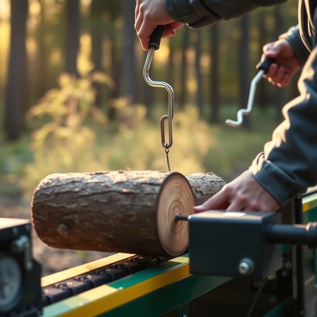 A photorealistic mid-action shot of a WoodSplitPro conveyor feeding a single round log int
