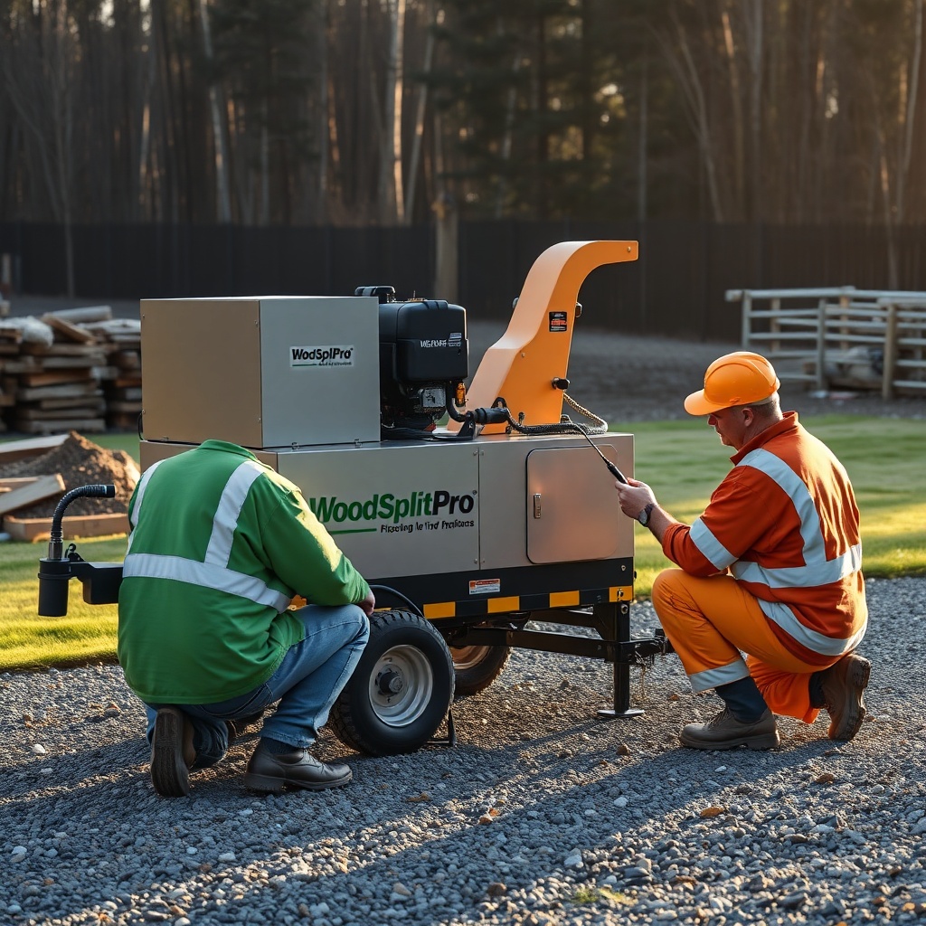 A clean photorealistic photo of a WoodSplitPro processor on a gravel pad with an operator