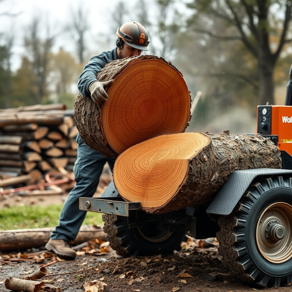A clean photorealistic photo of a WoodSplitPro splittting a large oak log