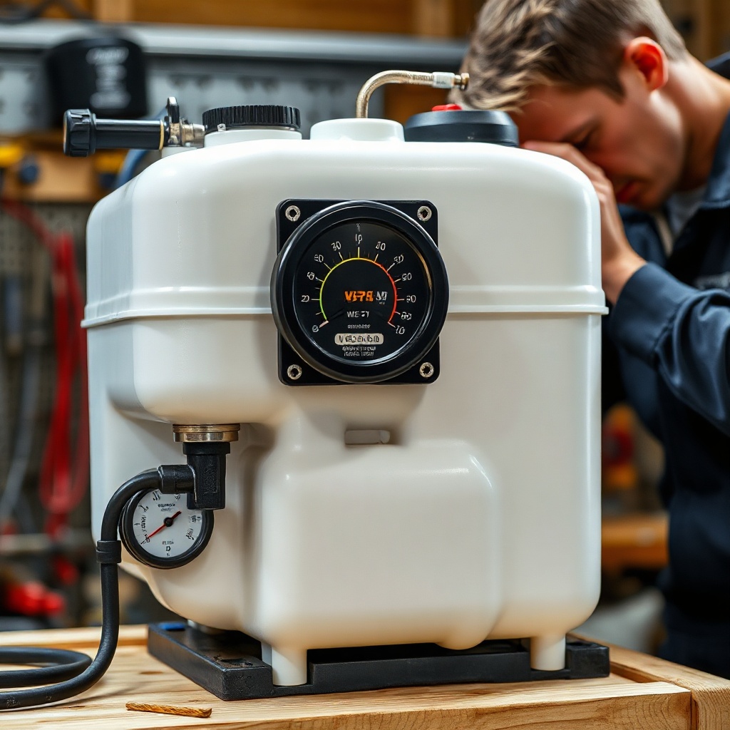 <photorealistic photo of a WoodSplitPro hydraulic reservoir and filter assembly