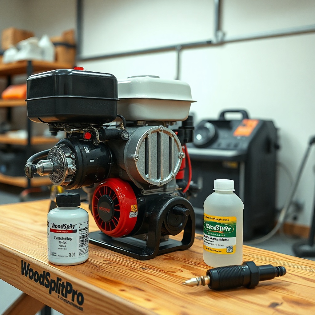 <photorealistic photo of a gasoline engine on a WoodSplitPro with fuel stabilizer bottle a