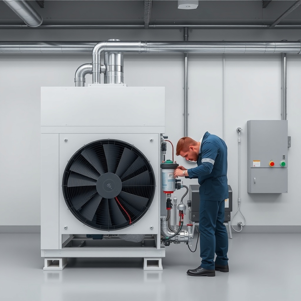 A clean photorealistic photo showing the Fransgård TC-10 hydraulic cooling coil and fan as