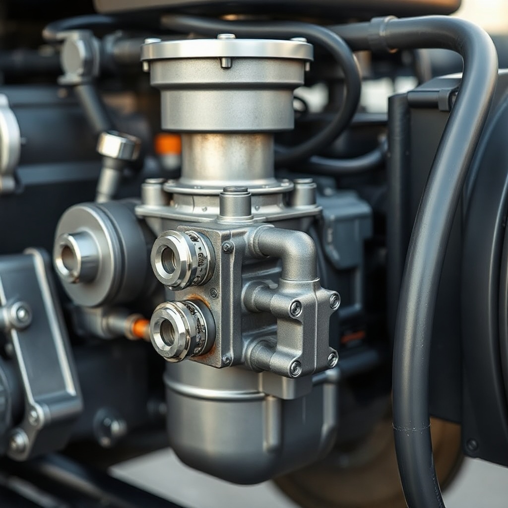 A clean photorealistic photo of the Fransgård TC-10 hydraulic pump assembly mounted on the
