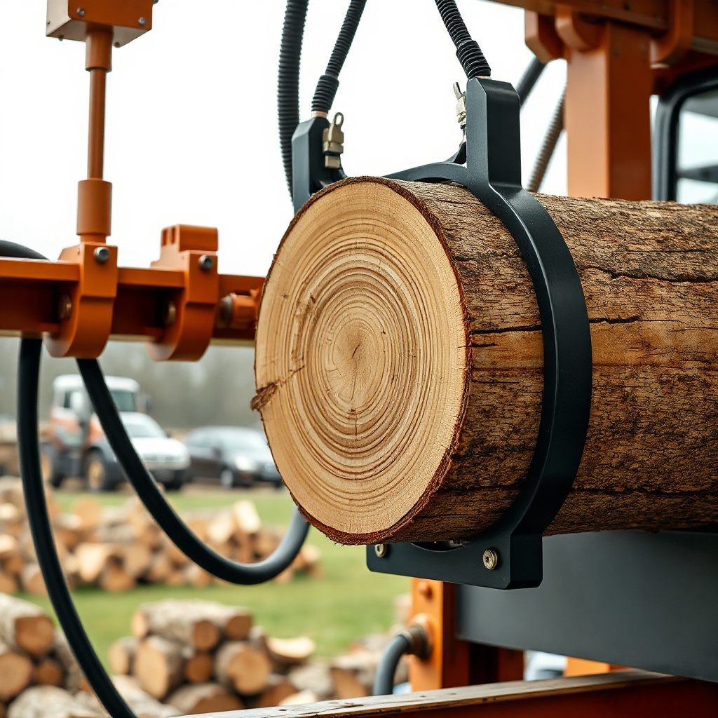 A clean photorealistic photo of the Fransgård TC-10 log lift cylinder and clamp mechanism