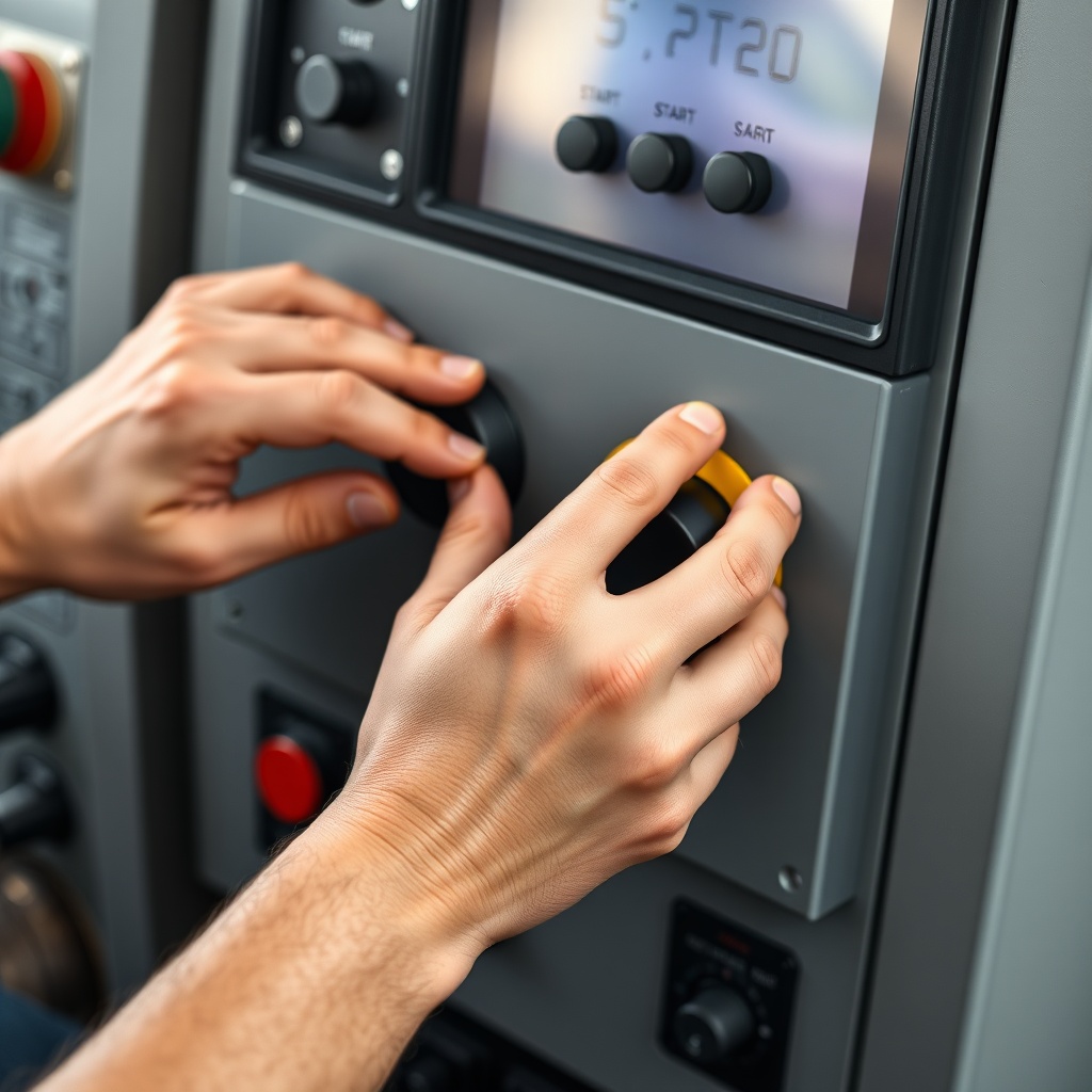 <clean photorealistic photo of the two-hand start buttons on the Fransgård TC-10 control p