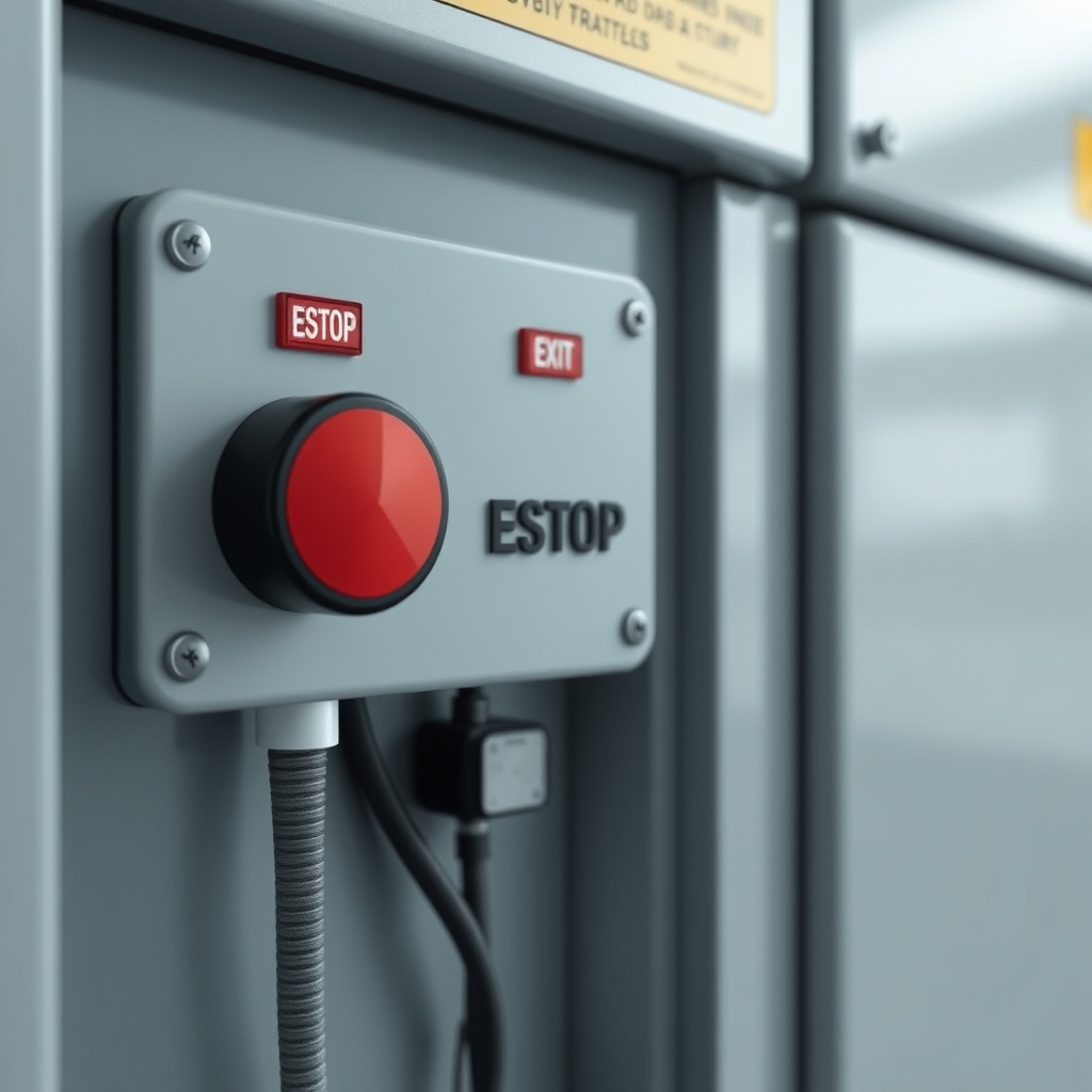 <clean photorealistic photo of the Fransgård TC-10 control panel with E-stop button and wi
