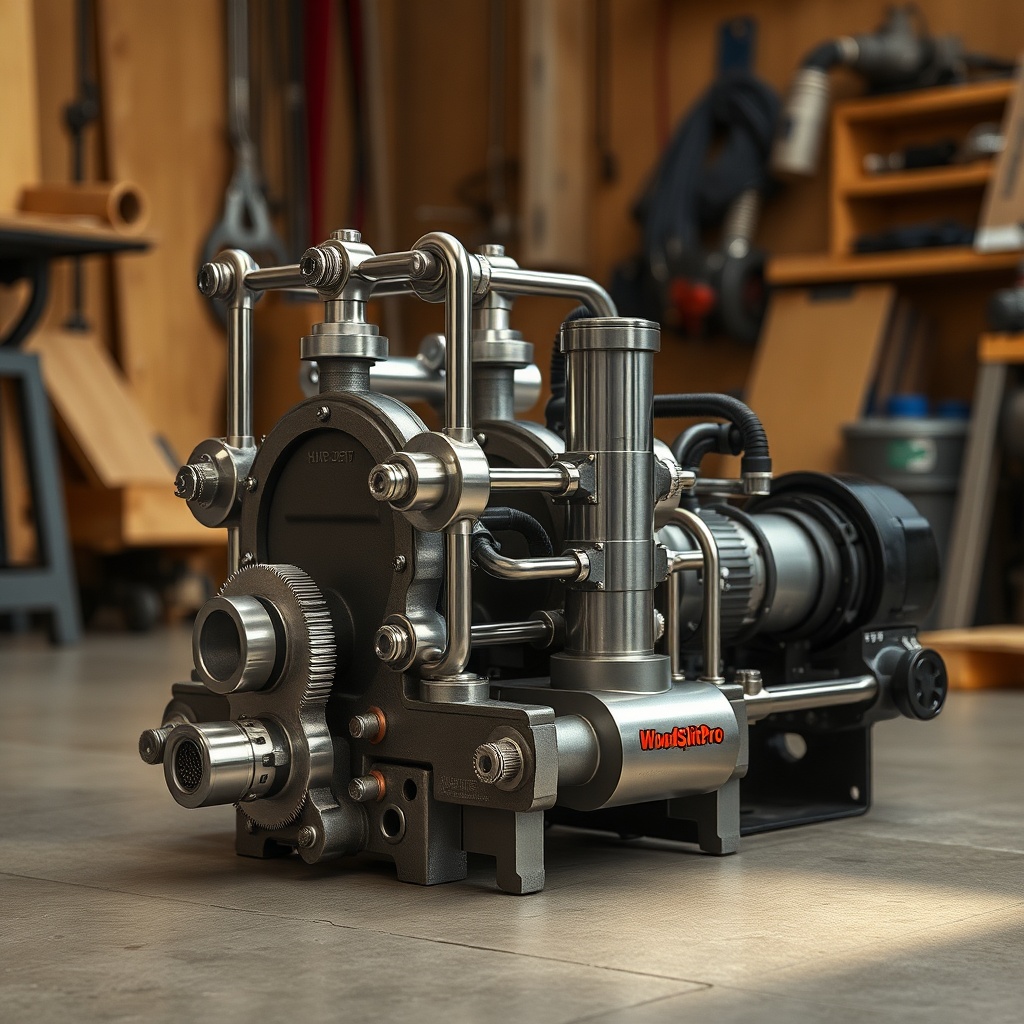 photorealistic photo of a WoodSplitPro hydraulic pump assembly with chrome cylinders and s