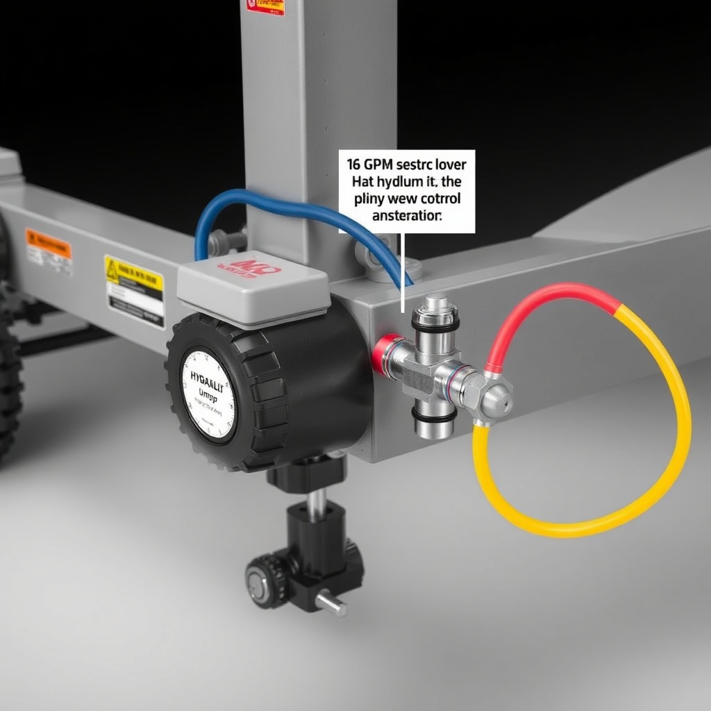 A photorealistic photo showing a WoodSplitPro firewood processor with the new hydraulics u